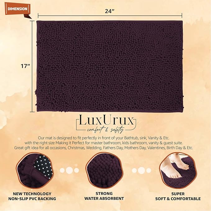 LuxUrux Bathroom Rugs Sets 2 Piece - Plush Bath Mat Set Quick-Dry Soft Chenille Bathroom Mat with Rubber Backing, Absorbant Bathroom Rug Set, Washable.(17 x 24, Plum)