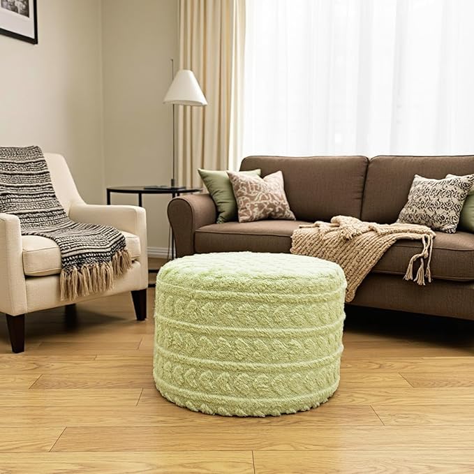 Round Pouf Ottoman Foot Rest 20x14 Inches Soft Heart Printed Footstool Ottomans for Living Room Comfort Foam Stuffed Poofs Perfect to Rest Your Feet for Couch Desk Sage Green