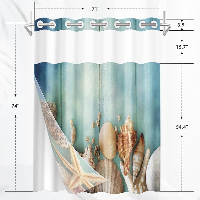Sea Beach Green No Hook Shower Curtain with Snap in Liner, Shellfish Starfish Summer Bath Curtain with Double Layers Waterproof Fabric and Mesh Top Window 71x74 Inch