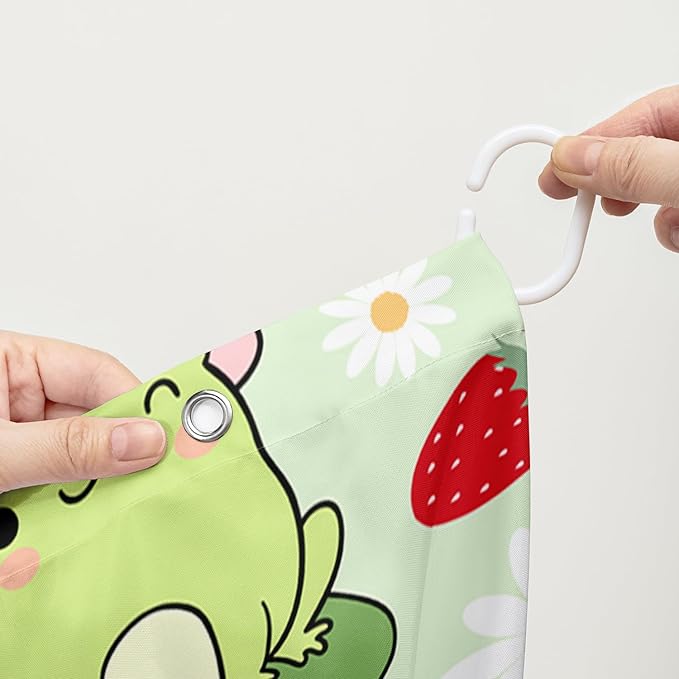AILONEN Cute Frog Shower Curtain for Bathroom, Kawaii Strawberry and Frog Bath Curtain,Mushroom Frog Kids Girls Waterproof Curtain with 12 Plastic Hooks(48" W*72" H)
