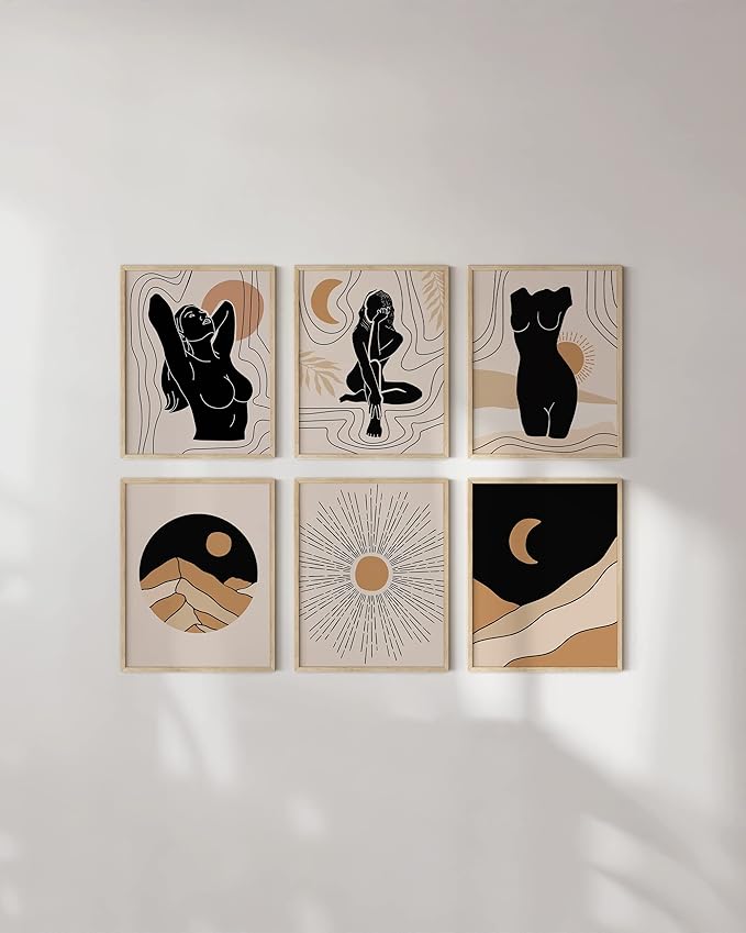 HAUS AND HUES Boho Neutral Wall Art - Set of 6 Boho Mid Century Modern Wall Art | Aesthetic Prints for Wall, Bohemian Wall Decor (Beige Frame, 16x20)