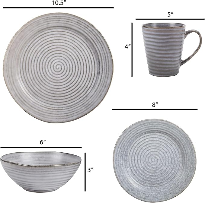 Elanze Designs Charming Chic Ribbed Modern Thrown Pottery Look Ceramic Stoneware Plate Platter Mug & Bowl Kitchen Dish Dinnerware 16 Piece Set - Service for 4, Slate Grey