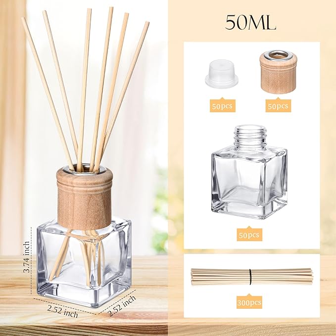 Roshtia 50 Set Reed Diffuser Bottle Empty Refillable Fragrance Glass Diffuser Bottles with Wooden Caps Rattan Sticks 50ml 1.7 oz Glass Jars for DIY Fragrance