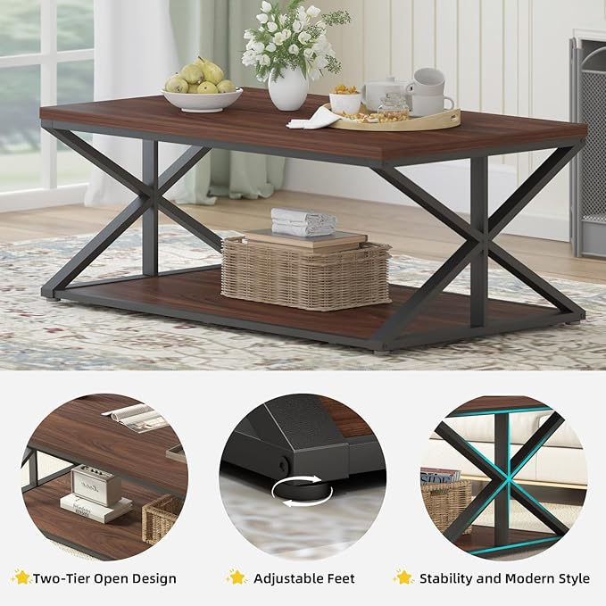 Coffee Table with Storage, Modern Living Room Table, Minimalist Rectangle Center Table, Industrial Vintage Wood Tea Tables, 39 Inch, Walnut