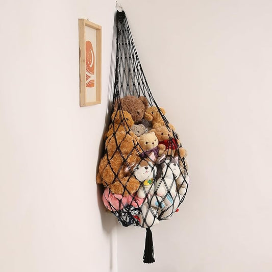 Stuffed Animal Hammock Corner Hanging Net for Stuffy Animal Storage Macrame Toy Display Plushie Toy Holder-Perfect for The Tiny Space Walls, Kid Bedroom Decor Playroom Organizer (Black)