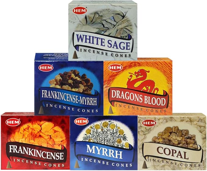 Hem Incense Cones Variety Pack #4 and Inscents-Cones Burner Holder with 6 Most Popular Fragrances - Dragons Blood, Frankincense, Myrrh - Total 60 Scented Cone Incense (6 Scents x 10 Conos)