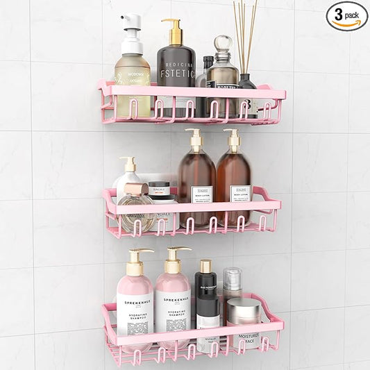 3 Pack Shower Caddy - Adhesive Shower Organizer, Rustproof Stainless Steel Shower Shelves, No Drilling, Large Capacity Shower Rack Shelf for Bathroom, Pink