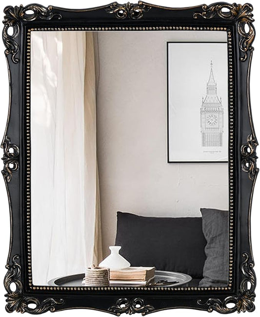 Funerom Vintage Decorative Mirror, Wall Mounted & Tabletop Makeup Mirror ，Square (Black, 16.5 x 13.5 inch)