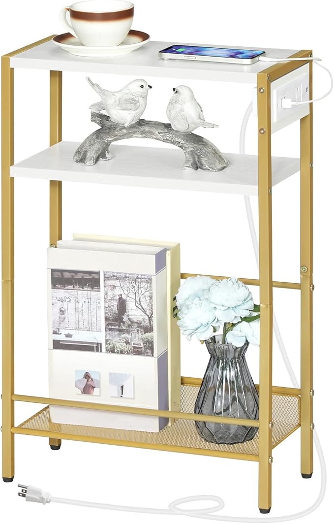 HOOBRO Small Narrow Side Table with Charging Station, Skinny End Table for Small Spaces, Slim Nightstand with USB Ports Outlet, Sofa Beside Table with Storage Shelf, White and Gold DW102UBZ01