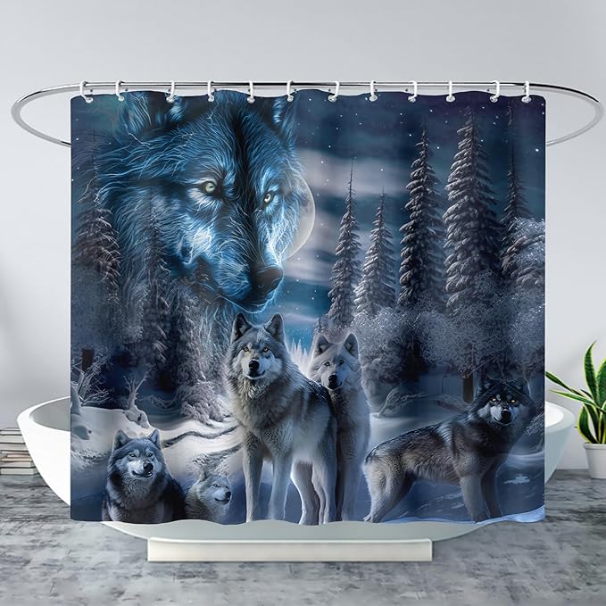 AILONEN Boys Snow Wolf Shower Curtain for Bathroom Decor,3D Night Galaxy Starry Wolf Decor Bath Curtain 36" W*72" H Polyester Fabric Waterproof Bathroom Curtain with 12 Hooks