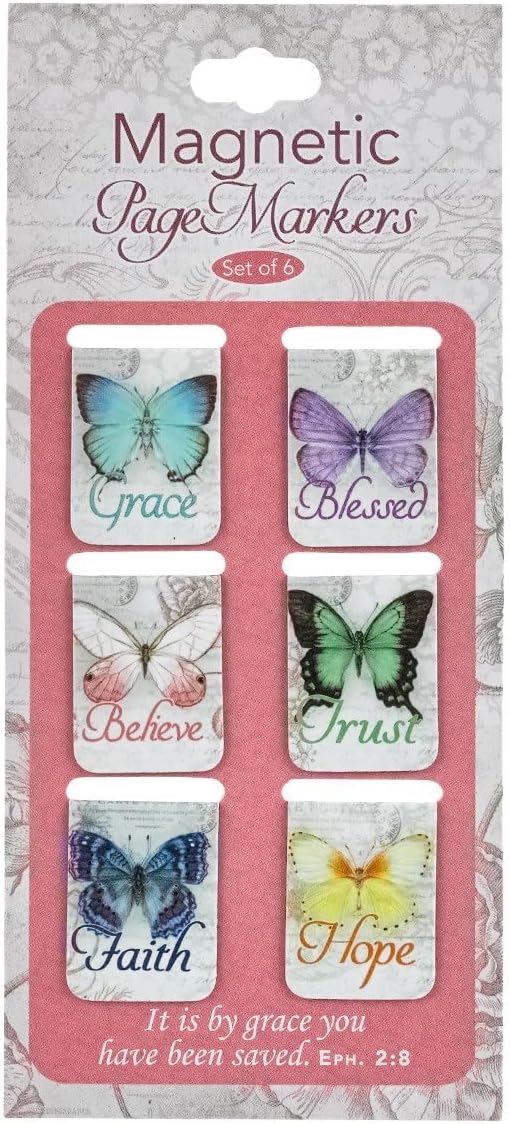Christian Art Gifts Magnetic Scripture Bookmark Set for Women: Blessings - Inspirational Botanic Butterfly-Themed Mini Magnetic Bible Verse Pagemarker Set of 6 for Bibles and Books, Size 1" x 0.8"
