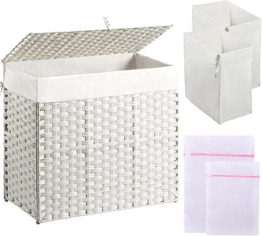 Greenstell Laundry Hamper with Lid, 125L Laundry Basket with 2 Removable Liner Bags & 2 Mesh Bags, Handwoven Synthetic Rattan Clothes Hamper for Clothes, Toys in Bathroom, Bedroom, Foldable, White