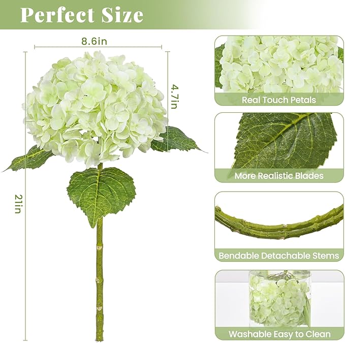 MARTINE MALL 2Pcs 21in Hydrangea Artificial Flowers, Latex Real Touch Hydrangeas Lifelike Large Hydrangea Flowers for Home Decor Party Arrangements Wedding Bouquets Centerpieces (Light Green)