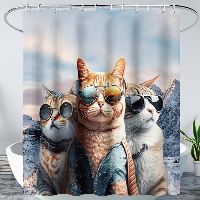 AILONEN 3D Cat Shower Curtain,Cartoon Funny Kitten Shower Curtain Set for Kids Boys Girls,Cat Lovers Animal Shower Curtain with Hooks for Bathroom,72" W*84" H