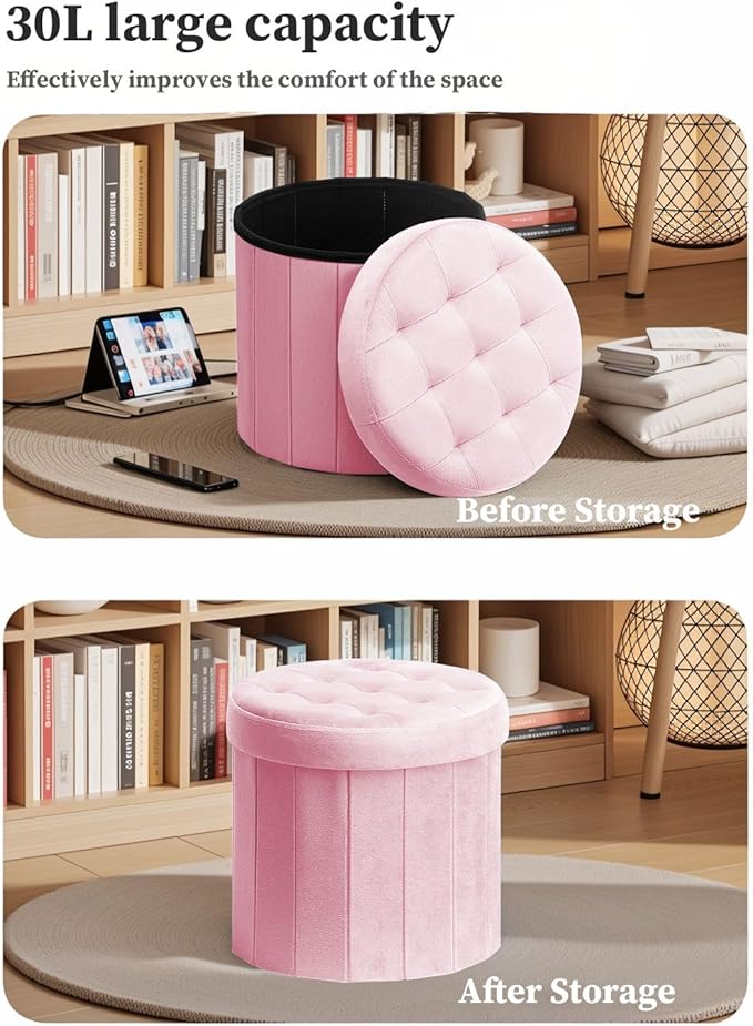 Bsketa® Folding Storage Ottoman Round 14" x 14" x 13"Inch Foot Stool with Thicker Foam Padded Seat Small Velvet Storage Ottoman Bench Foot Rest for Living Room Foldable Coffee Table(Pink)