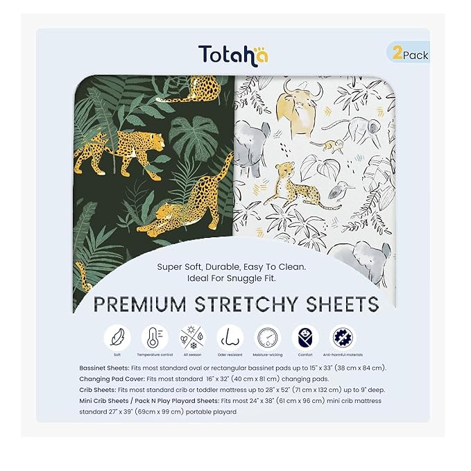 TotAha Premium Stretchy Cheetah Crib Sheets (2-Pack)-Hypoallergenic, Silky Comfort, Buttery Soft, Calming Effect, All-Season Jersey-Knit Sheets, 9'' Extra Deep Pocket, Wild Leopard