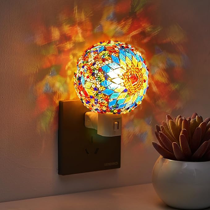 Hortsun Turkish Night Lights Plug into Wall Turkish Lamp Moroccan Lamp Stained Glass Mosaic Night Lights Plug in Bohemian Globe Decor for Living Room Corridor Bedroom Decorations