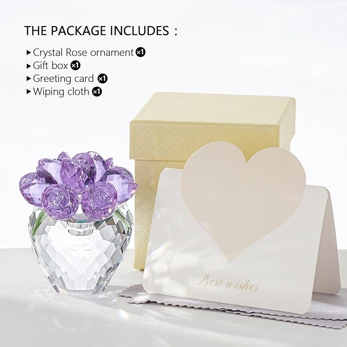 Crystal Flower Figurines - Glass Rose Home Decor - Flower Bouquet for Ladies Gifts(Purple)
