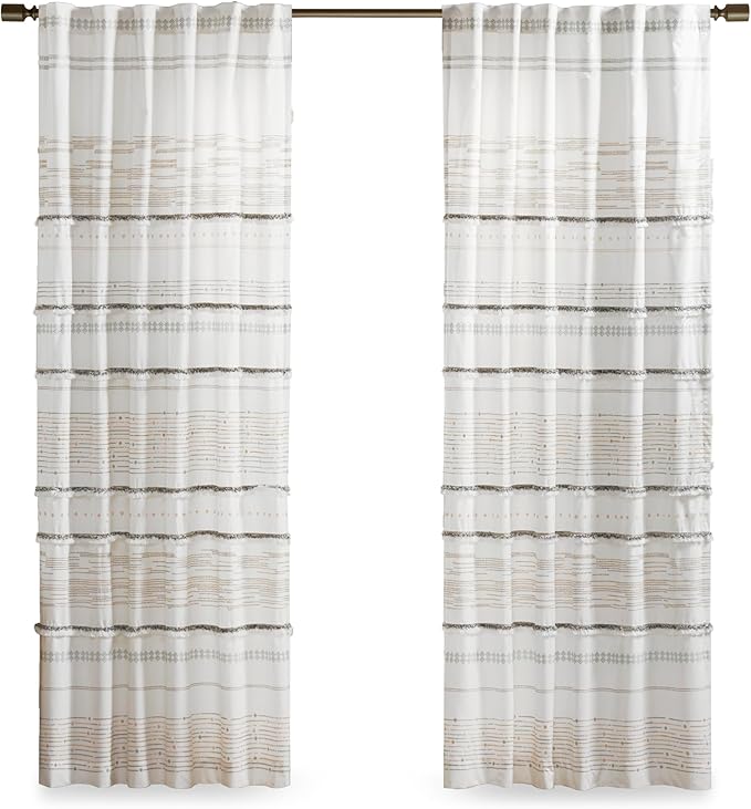 INK+IVY NEA 100% Cotton Single Panel Curtain Stripes Tassels Trim Boho Design Rod Pocket Top Drape for Living Room, Privacy Window Treatment for Bedroom, 50" x 84", Off White/Gray