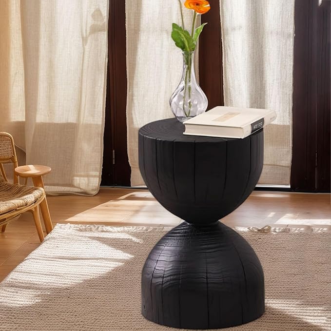 Natural Wooden Pillar Side Table – Round Tree Wood Drum-Shaped Coffee Table, Side Table for Balcony, Courtyard, Garden, Living Room Decoration – Modern Stool Design, Stable Base(Color:Black)