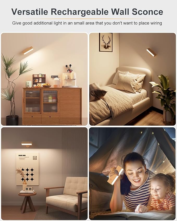 Wall Lights Battery Operated Wooden,Magnetic Wall Sconces Rechargeable,Adhesive Wall Lights for Bedroom,Dimmable Wall Mounted Bedside Lamp,Cordless Battery Wall Sconce for Bedroom Reading