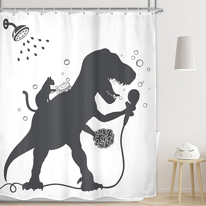 LGhtyro Kids Funny Dinosaur Shower Curtain Bathroom Set 60Wx71H Inches Boys Dino Cat Trex Raptor Animal Shadow Silhouette Bath Cartoon Bath Accessories Black White Art Home Decor Fabric 12 Pack Hooks