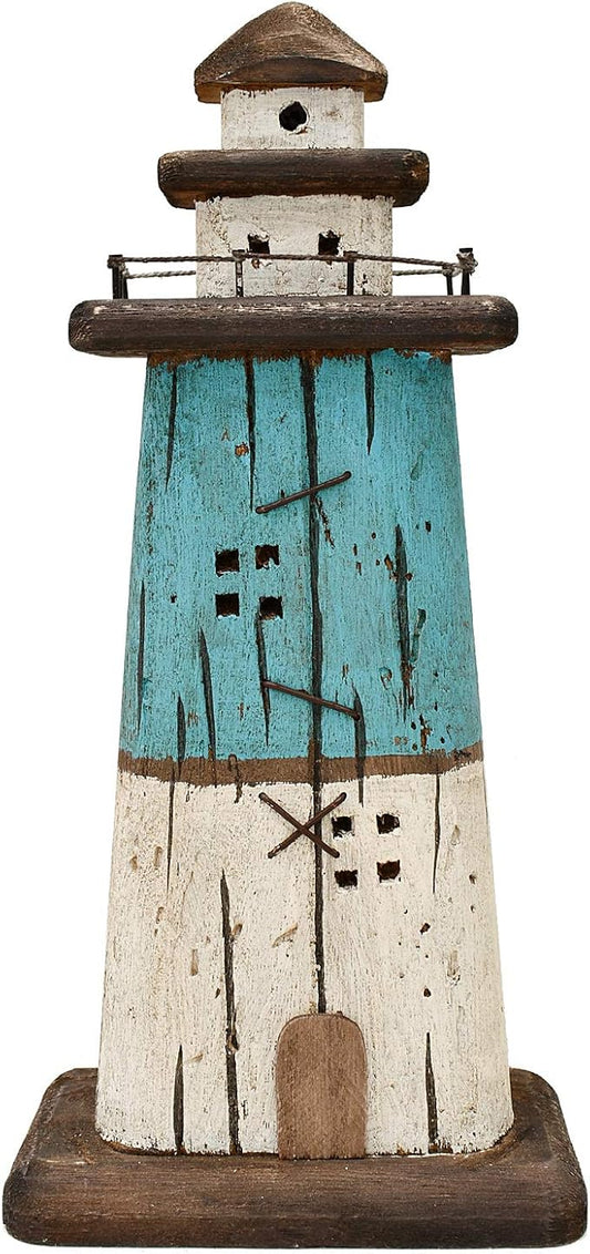 K KILIPES Beach Lighthouse for Bathroom Nautical Home Decor, 13" H Wood Lighthouse Table Decoration Coastal Centerpiece Hand Crafted Lighthouse Sculpture Ocean Decorations (Blue, M)