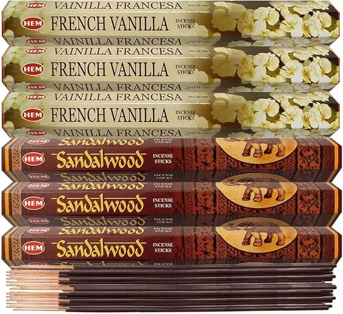 Sandalwood Incense Sticks and French Vanilla Incense Sticks with Incense Holder Bundle for Home Fragrance and Spiritual Décor
