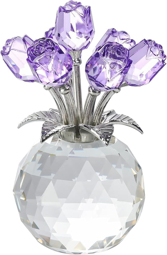 Purple Rose Flower Crystal Figurine with Vase, Bouquet Flowers Ornament Gifts for Wife Girlfriend Women , Handmade Crystal Flower Collectible Home Table Decor for Valentine's Day Wedding Anniversary