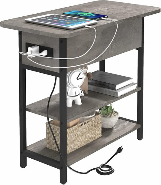 Yoobure End Table with Charging Station, Flip Top Side Table with USB Ports and Outlets, Sofa Couch Table Bedside Table for Living Room Bedroom, Narrow Nightstand with Storage Shelves for Small Space