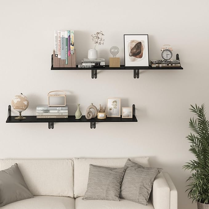 Black Deep Floating Shelves for Wall, 16" W x 12" D Wood Wall Shelf Set of 2, Bookshelf Wall Mounted Hanging Shelves for Living Room, Kitchen, Office, Bathroom and Bedroom Decor