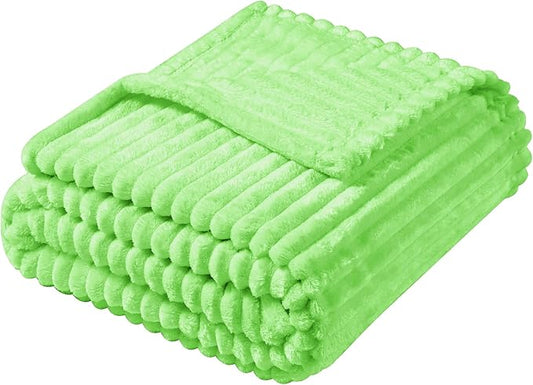 Vessia Flannel Fleece Throw Blanket for Couch, Sofa, Bed, 300GSM Microfiber Light Green Striped Chair Blanket, Super Soft Warm Cozy Lightweight Ribbed Throw for All-Season