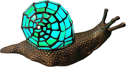 Bieye L10975 Land Snail Tiffany Style Stained Glass Accent Table Lamp for Home Decor (Cyan, 10" D x 5" W x 5" H)