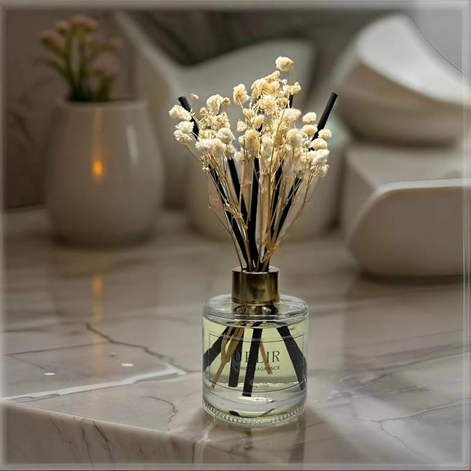 Flower Reed Diffusers for Home with 1 Jasmine & White Tea Double Essential Oil, 3.4 oz (100ml) - Elegant Reed Diffuser Set with 5 Sticks for Home Decor, Bathroom, Any Room, Housewarming Gift