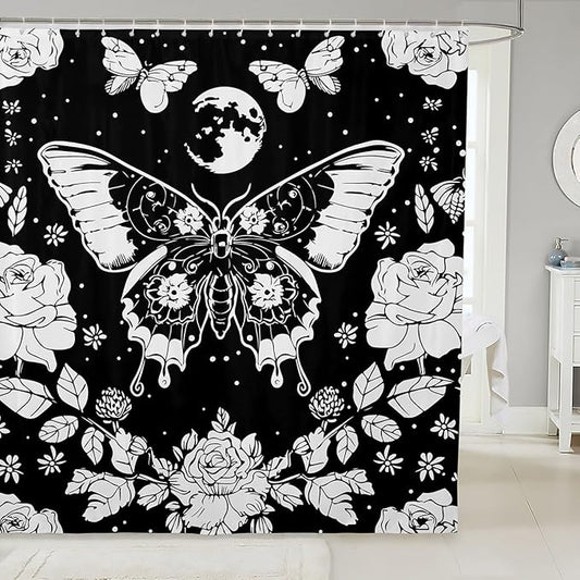 Feelyou Moon Butterfly Shower Curtain Bohemian Moth Fabric Curtain Kids Boys Girls Galaxy Floral Botanical Bathroom Waterproof Accessories with 12 Hooks Boho Exotic Style Black Curtains,72x84 Inches