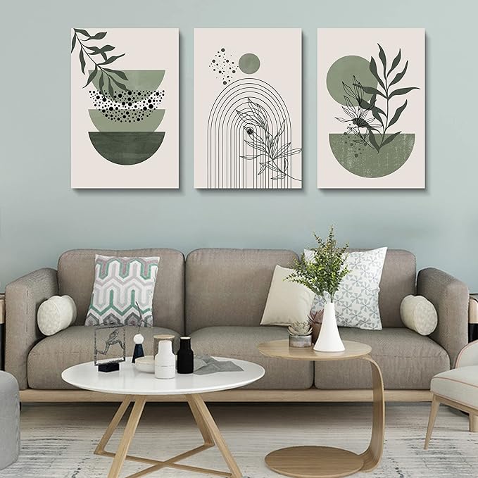Sage Green Wall Posters & Prints, Green Boho Wall Art Set of 3, Minimalist Framed Wall Art Geometric Line Leaf Sun Moon Beige Green Canvas Artwork Paintings