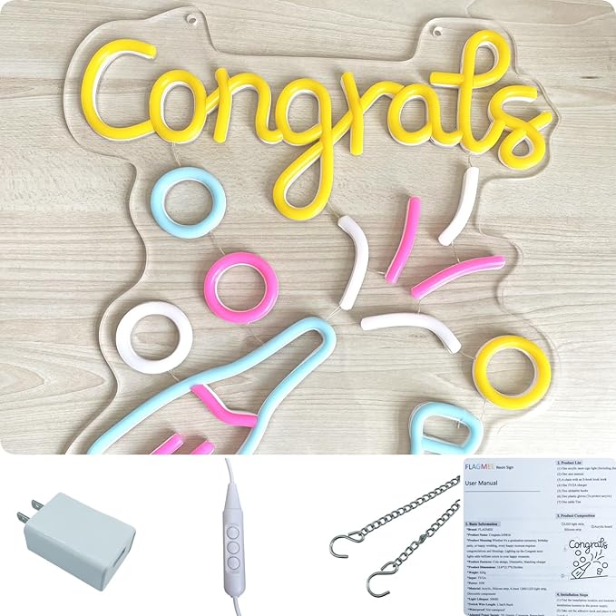 Congrats Neon Grad Sign for Graduation, Wedding, Birthday - Multi-color Lights, 13.6 * 12.7Inch