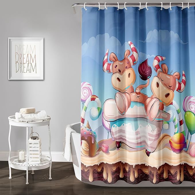 AILONEN Cute Cow Kids Shower Curtain 72" W*84" H Cartoon Candy Printed Shower Curtain Boys Girls Children Bathroom Curtain Decor Polyester Waterproof Curtain with 12 Hooks