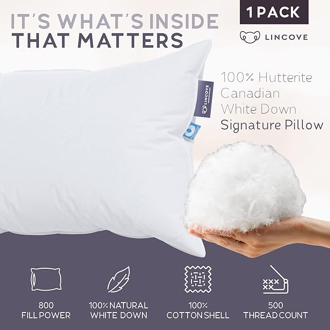 Lincove Signature 100% Canadian White Down Pillow - Luxury Sleeping Pillow for Back, Stomach & Side Sleepers - 800 Fill Power Bed Pillow, 500 Thread Count, Made in Canada, Queen - Soft, 1 Pack