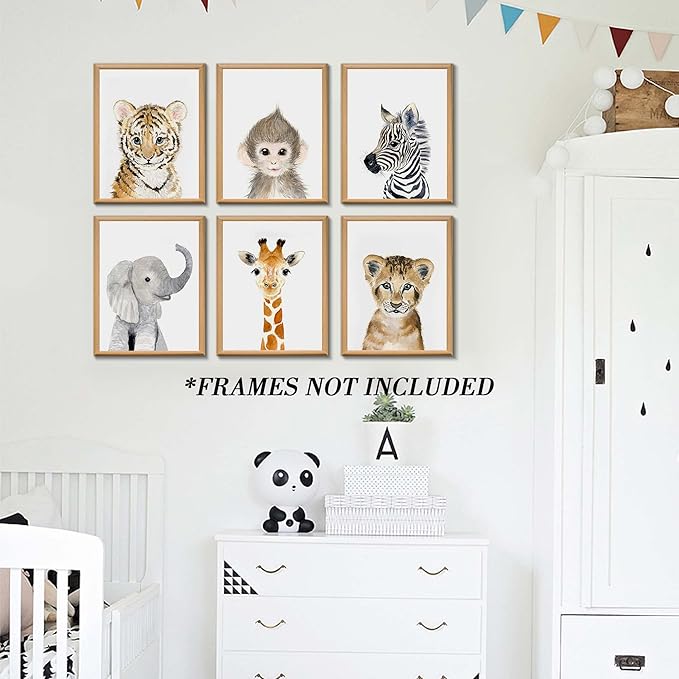 Jungle Safari Wall Art Decor for Baby Nursery Room - Tiger, Lion, Elephant Animal Decorations for Bedroom (12"x16", UNFRAMED)