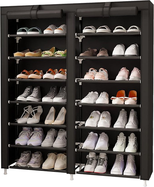 MOYIPIN Shoe Rack Storage Organizer, Double Row Portable Nonwoven Fabric Cover Shoe Rack Holds up to 28 Pairs 36.2 x 11.2 x49.2 Inches Black