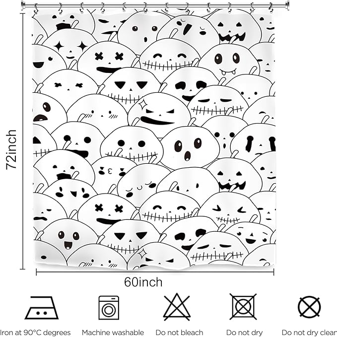 Halloween Pumpkin Ghost Kids Shower Curtain 60Wx72L Inch Horror Scary Spooky Black White Cartoon Lovely Cute Bathroom Set Accessories Decor with 12 Pack Hooks