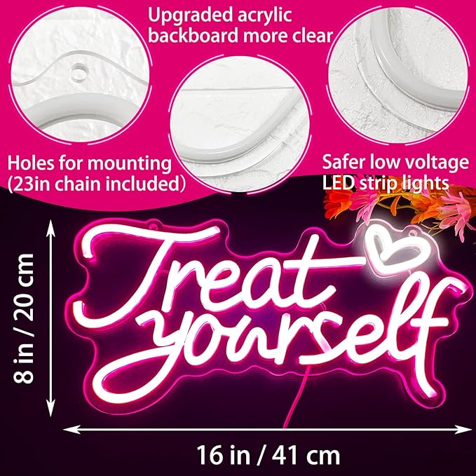 Treat Yourself Neon Sign for Wall Decor, LED Pink Neon Sign Treat Yourself Light with Heart, Room Decorations for Bedroom, Birthday Party, Wedding, Salon, Bar, Esthetician, Home, Girl Cave