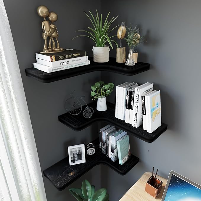 SAUMONIERES Corner Floating Shelves 24 Inch Wall Mount Shelf Solid Wood for Bedroom Bathroom Kitchen Storage Set of 2, Black