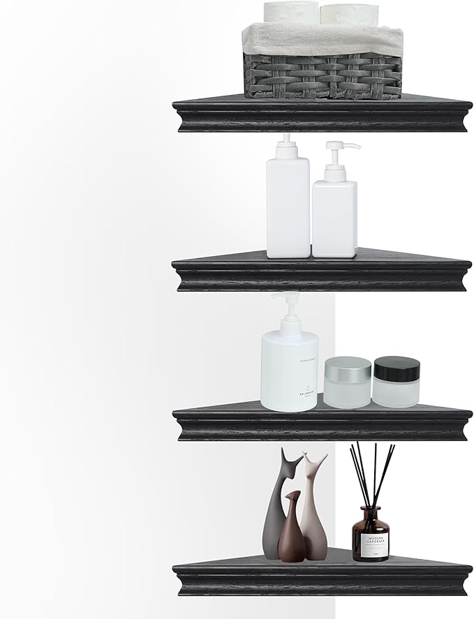 Corner Floating Shelf for Wall Set of 4,Triangular Corner Shelves Wall Mounted for Bedroom,Living Room,Bathroom,Kitchen-Black