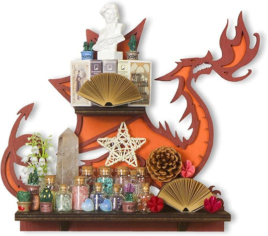 Wooden Fire-Spitting Dragon Decor Crystal Display Shelf for Wall, Rock Display Case Knick Knack Organizer Trinket Holder, Wall Hanging Shelves for Essential Oil & Nail Polish