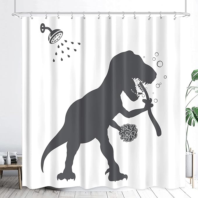 LGhtyro Dinosaur Shower Curtain Dino Shower Curtain 71Wx71H Silhouette Bathroom Set Funny Animal Shadow Kids Bath Curtain Black White Kid Accessories for Boys Bathroom Decor