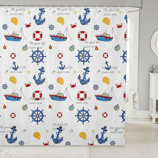 Feelyou Anchor Decor Shower Curtain 72"x84" Kids Sailboat Printed Bathroom Shower Curtain Set for Boys Girls Teens Nautical Compass Print Bath Curtain Ocean Marine Themed Bathroom Accessories