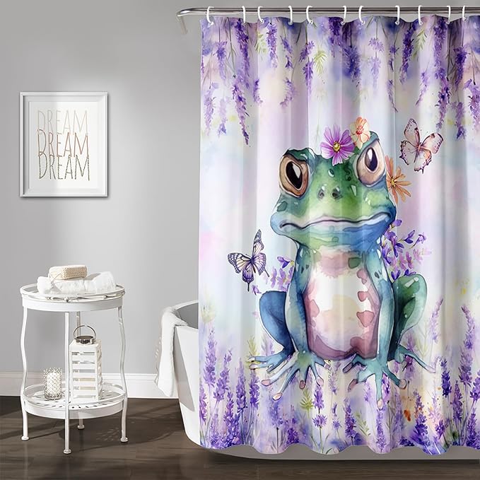 AILONEN Frog Shower Curtain, Tie Dye Lavender Flower Bath Curtain,Tie Dye Frog Bathroom Curtain Decor,Cute Frog Polyester Waterproof 60" W*72" H Shower Curtain (12 Hooks)