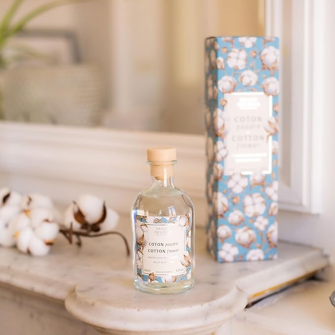 Panier des Sens - Cotton Flower Reed Diffuser – Long Lasting Fragrance 5+ Months - Elegant Home Decor - 8.1 fl.oz Oil-Based Scent Diffuser - Made in France Home Fragrance - 90% Natural Ingredients